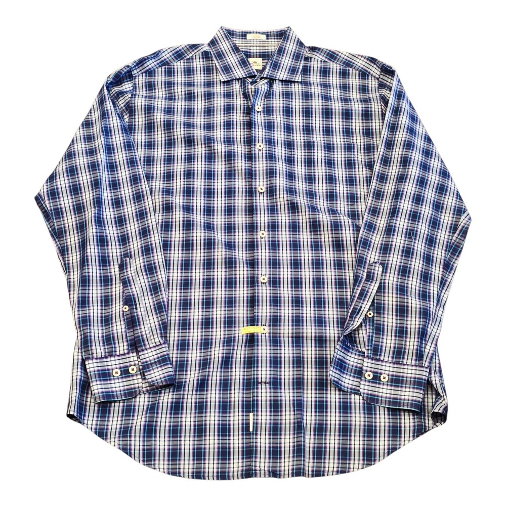 Peter Millar Men's Large Blue Plaid Button Down Shirt Long Sleeve Cotton Crown